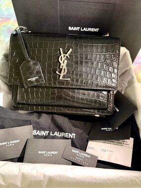 Saint Laurent Black Croc-Embossed Leather Flap Bag with Silver YSL Logo